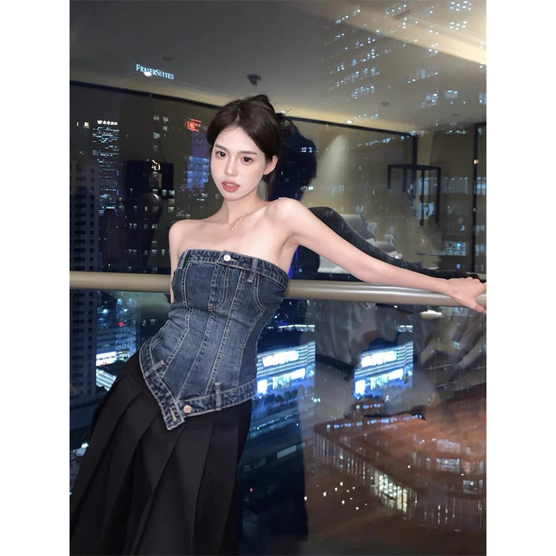 Áo Ống Quây Denim dáng corset + chân váy Đen dài