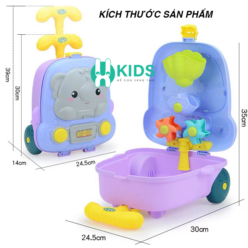 Bộ Vali kéo đồ chơi xúc cát cao cấp hình chú voi, hà mã cỡ lớn X KIDS cho bé trai bé gái đi biển nghịch nước nhà tắm
