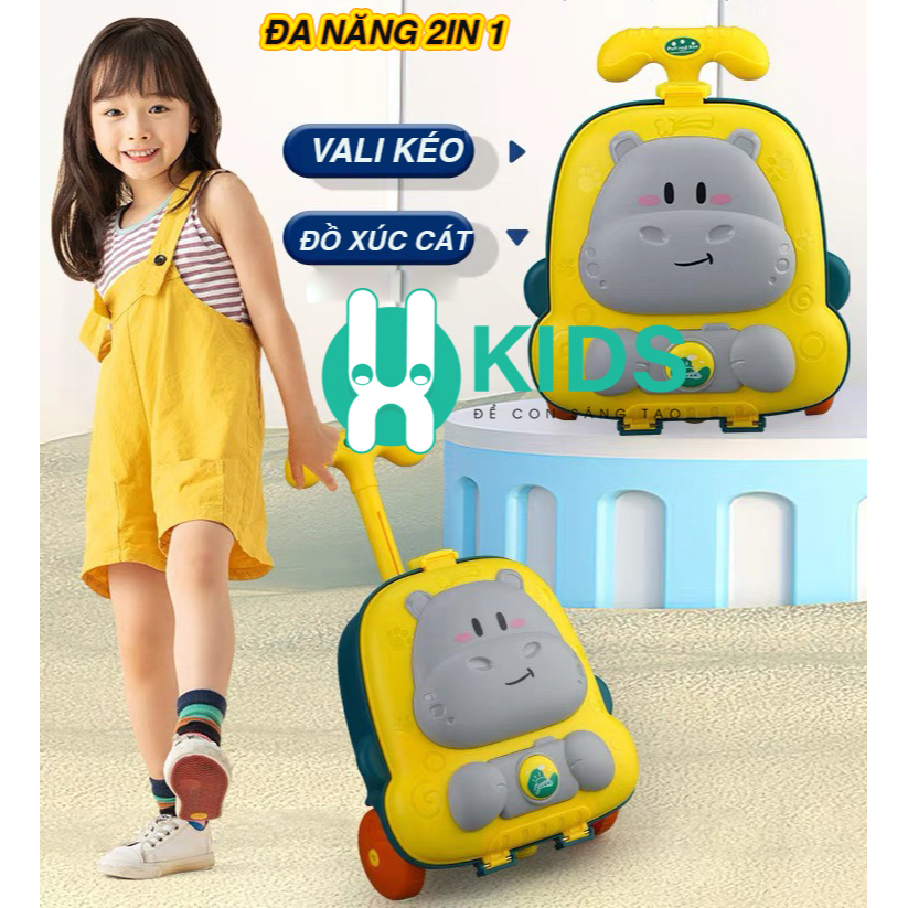 Bộ Vali kéo đồ chơi xúc cát cao cấp hình chú voi, hà mã cỡ lớn X KIDS cho bé trai bé gái đi biển nghịch nước nhà tắm