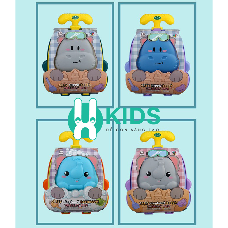 Bộ Vali kéo đồ chơi xúc cát cao cấp hình chú voi, hà mã cỡ lớn X KIDS cho bé trai bé gái đi biển nghịch nước nhà tắm
