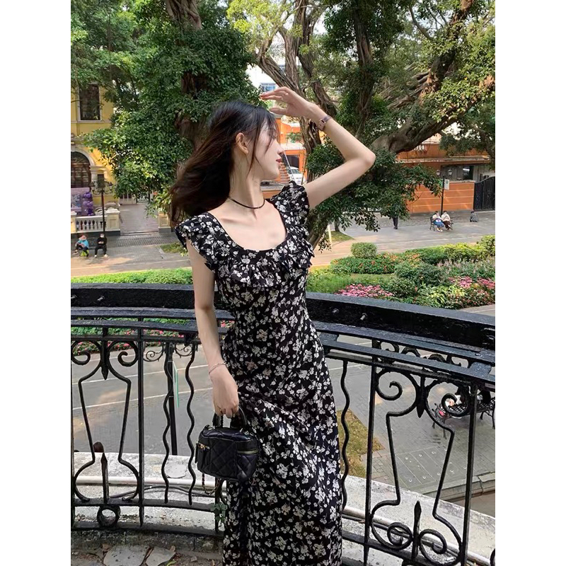 Đầm maxi hoa nhí cổ vuông viền bèo tay cánh tiên mặc đi chơi đi biển dễ thương