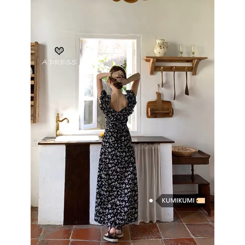 Đầm maxi hoa nhí cổ vuông viền bèo tay cánh tiên mặc đi chơi đi biển dễ thương