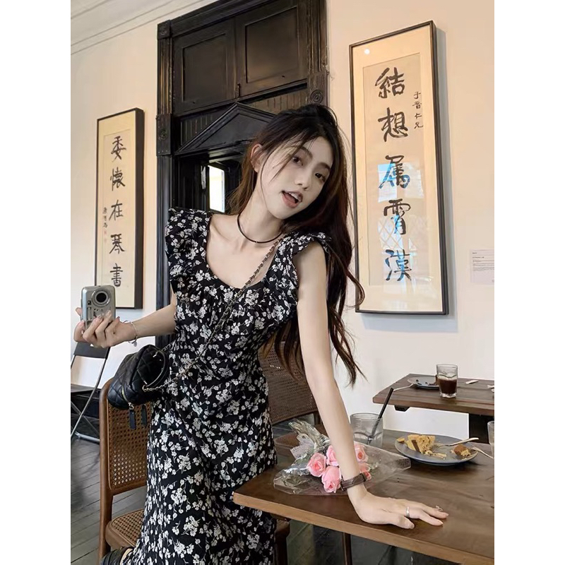 Đầm maxi hoa nhí cổ vuông viền bèo tay cánh tiên mặc đi chơi đi biển dễ thương