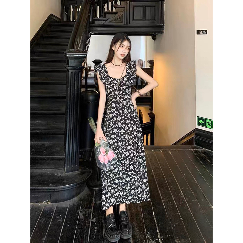 Đầm maxi hoa nhí cổ vuông viền bèo tay cánh tiên mặc đi chơi đi biển dễ thương