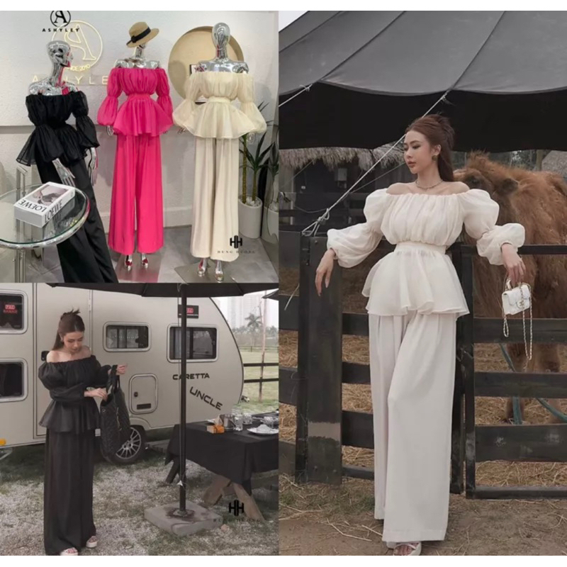 Set Bộ Áo Trễ Vai Bèo Tay Phồng Nhún + Quần Ống Xuông Form Tôn Dáng