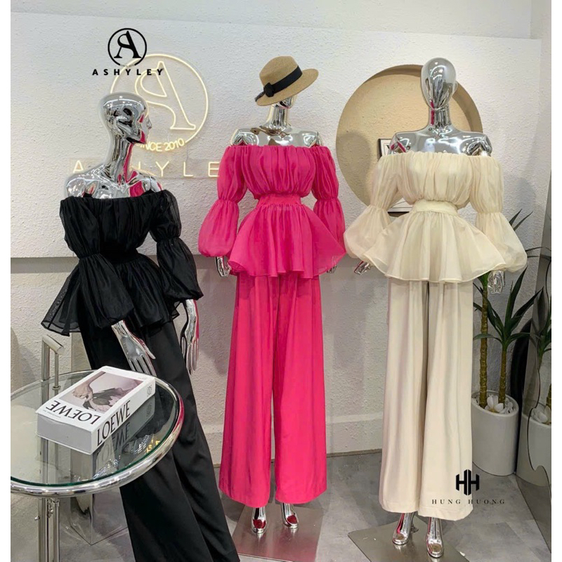 Set Bộ Áo Trễ Vai Bèo Tay Phồng Nhún + Quần Ống Xuông Form Tôn Dáng