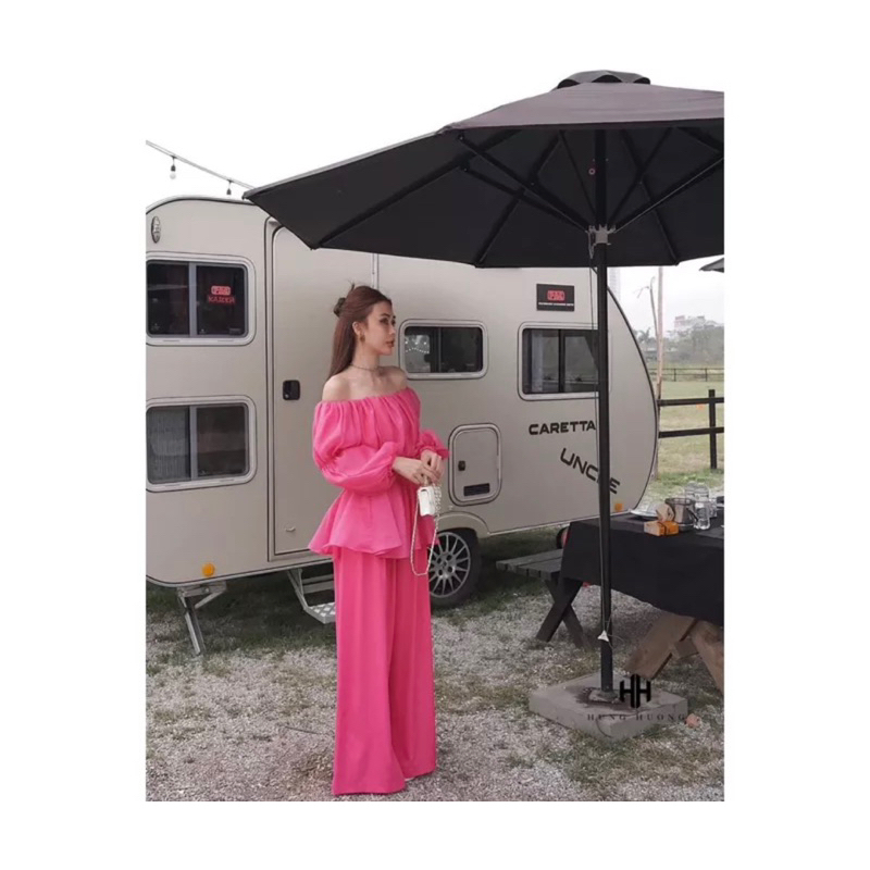 Set Bộ Áo Trễ Vai Bèo Tay Phồng Nhún + Quần Ống Xuông Form Tôn Dáng