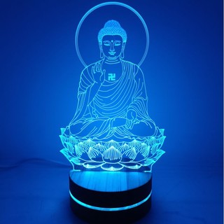 (Zentadv) Bộ đèn led 3D đế gỗ Phật A Di Đà