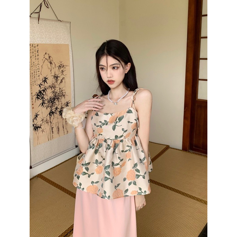 Áo Hai Dây Peplum Hoa Cam Bồng Bềnh Phong Cách Nữ Tính Hàn Quốc Sang Chảnh