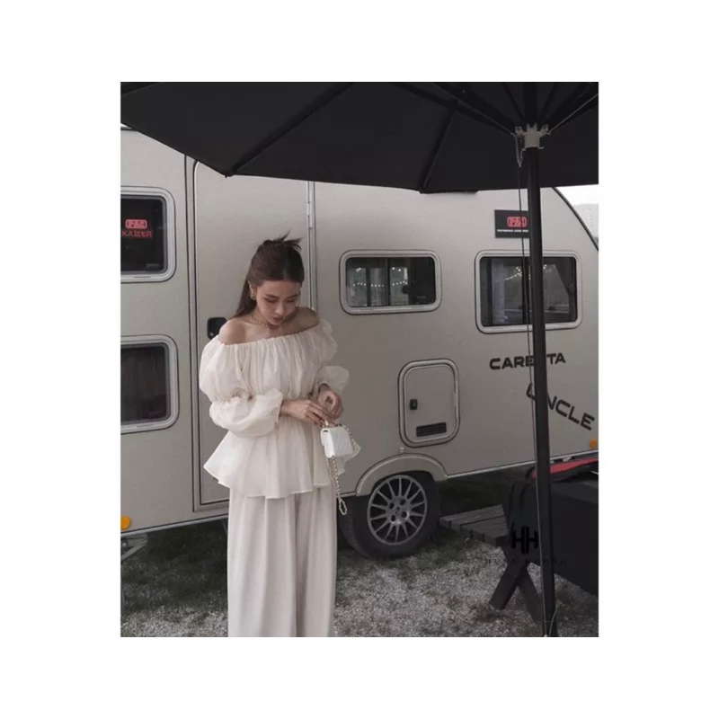 Set Bộ Áo Trễ Vai Bèo Tay Phồng Nhún + Quần Ống Xuông Form Tôn Dáng