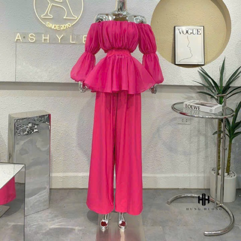 Set Bộ Áo Trễ Vai Bèo Tay Phồng Nhún + Quần Ống Xuông Form Tôn Dáng