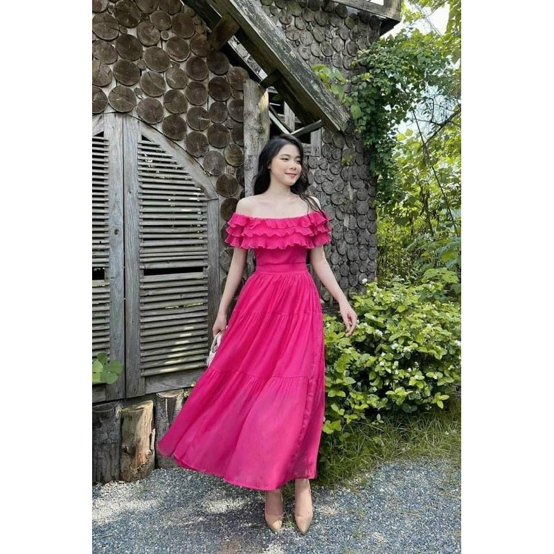 Váy, Đầm maxi hoa tơ cổ bèo cao cấp