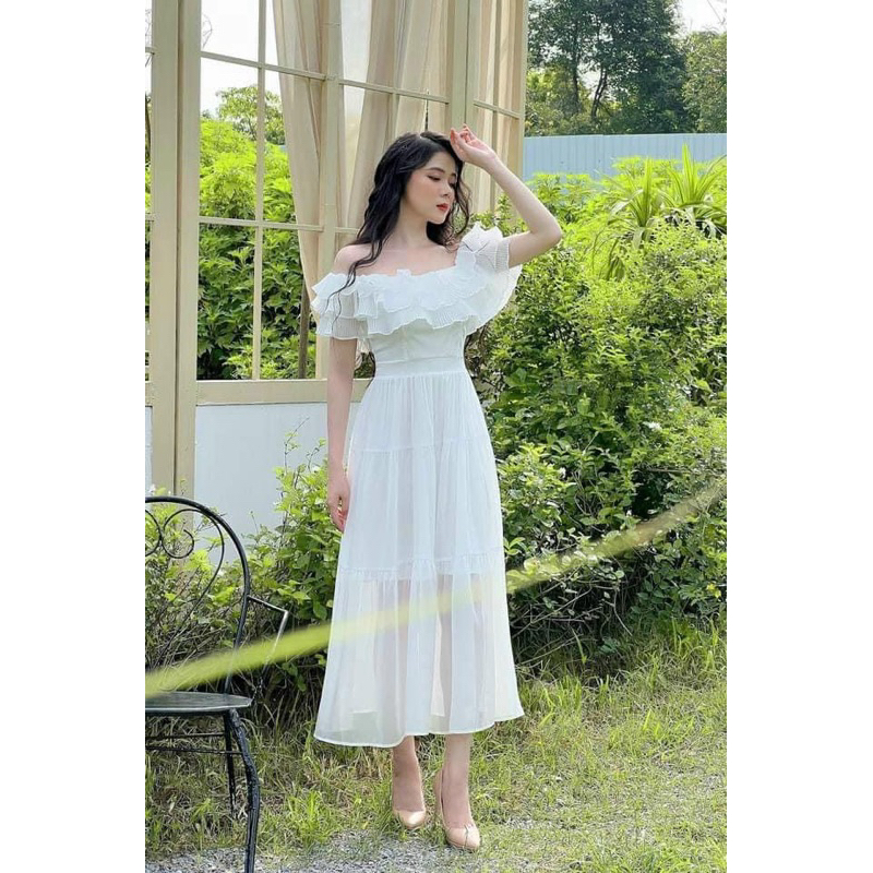 Váy, Đầm maxi hoa tơ cổ bèo cao cấp