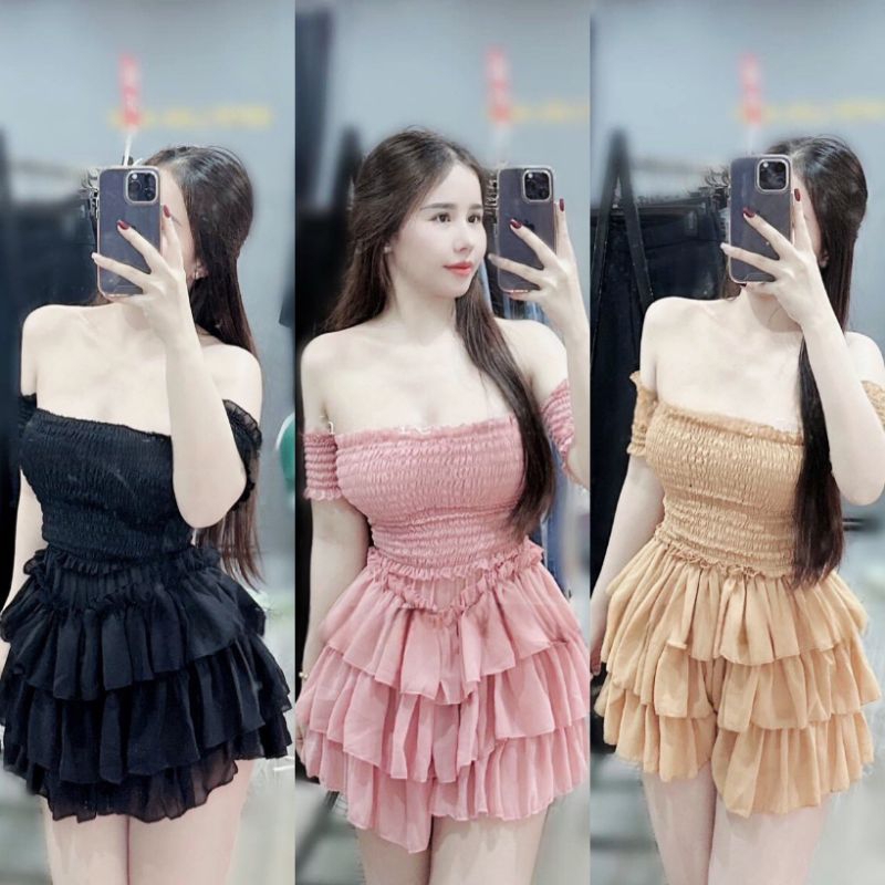 Set váy voan tầng mix áo nhún chuẩn mẫu loại đẹp ( ảnh sàn tự chụp)