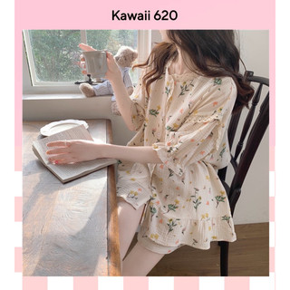 Đồ ngủ pijama vintage Kawaii phối ren hoạ tiết hoa nhí