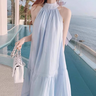 Đầm nữ cổ yếm thắt nơ lưng dáng dài qua đầu gối xoè rộng