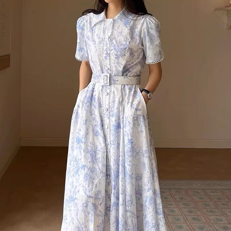Đầm sơ mi nữ ngắn tay dáng dài qua đầu gối kèm thắt lưng sang trọng