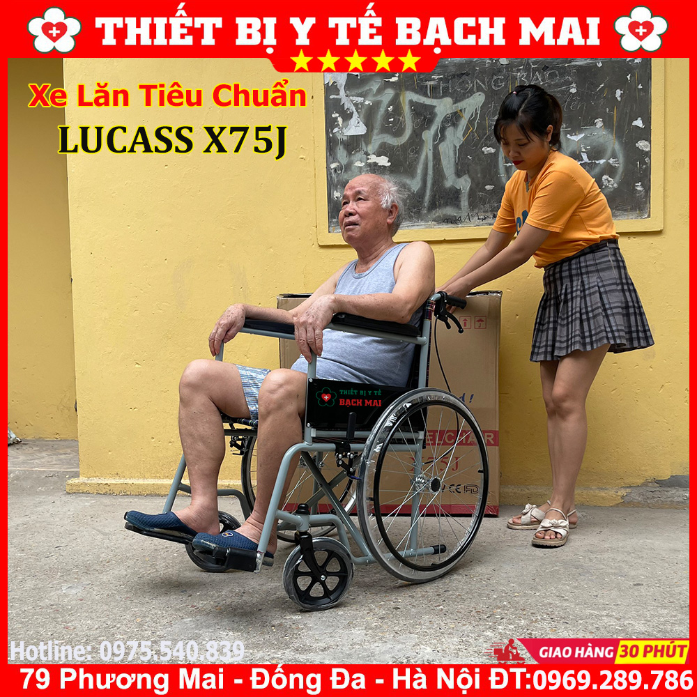 Xe Lăn Tay LUCASS X75j Có Phanh - Xe Lăn Di Chuyển Cho Người Khuyết Tật, Người Bệnh, Người Già
