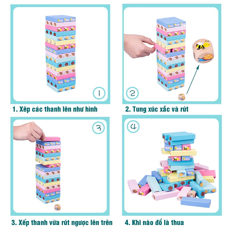 Đồ Chơi Rút Gỗ Domino 51 Thanh In Hình Ngộ Nghĩnh Với Nhiều Màu Sắc Sinh Động Rèn Luyện Tư Duy, Tính Kiên Trì Cho Bé