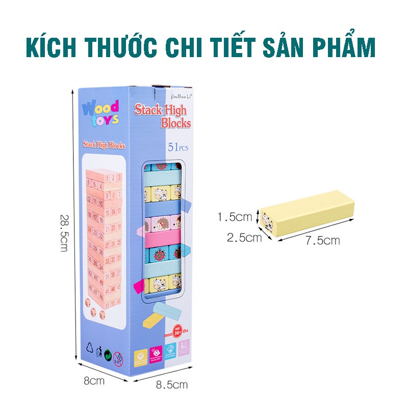 Đồ Chơi Rút Gỗ Domino 51 Thanh In Hình Ngộ Nghĩnh Với Nhiều Màu Sắc Sinh Động Rèn Luyện Tư Duy, Tính Kiên Trì Cho Bé
