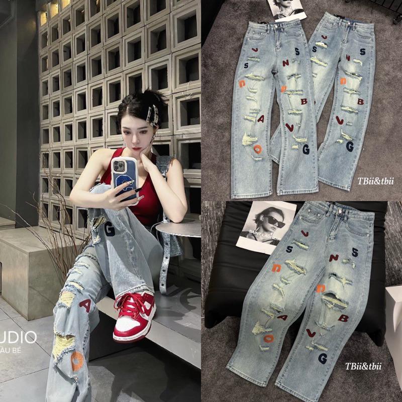 Quần Xuông Jean Rách Chữ QC L1