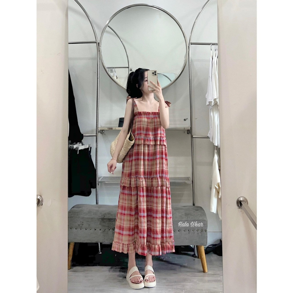 Váy kẻ 2 dây buộc nơ vai dáng babydoll rộng 3 tầng bèo siêu xinhhh_SB133