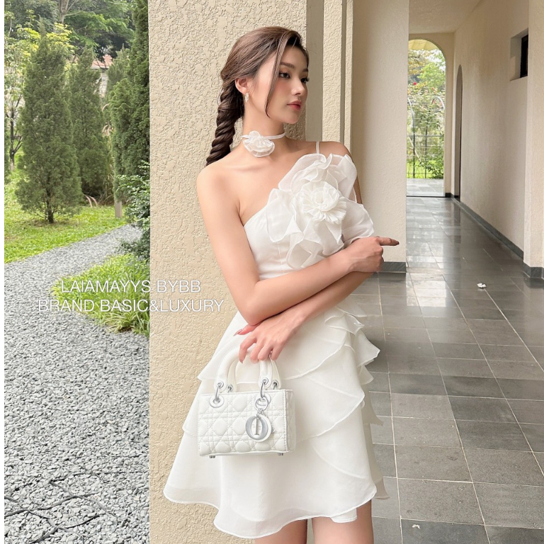 Đầm váy nữ đi dự tiệc cưới dạ hội sự kiện sang chảnh thiết kế hoa 3D thời trang vai lệch kèm choker hoa xinh xắn LEVAN