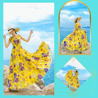 Váy Đi Biển, Đầm Maxi Nữ Dáng Xòe Cổ V  Sát Nách Họa Tiết 2 Lớp Chất Voan Lụa Cao Cấp.