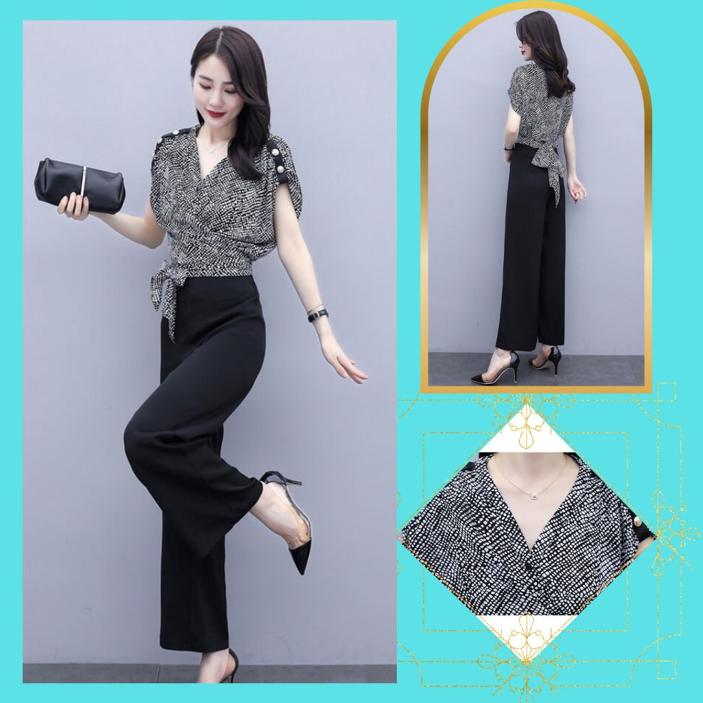 Set Đồ Nữ, Sét Áo Cổ V Mix Quần Suông Họa Tiết Chấm Bi Cột Nơ Trang Trí Kiểu Dáng Trẻ Trung Hợp Thời Trang