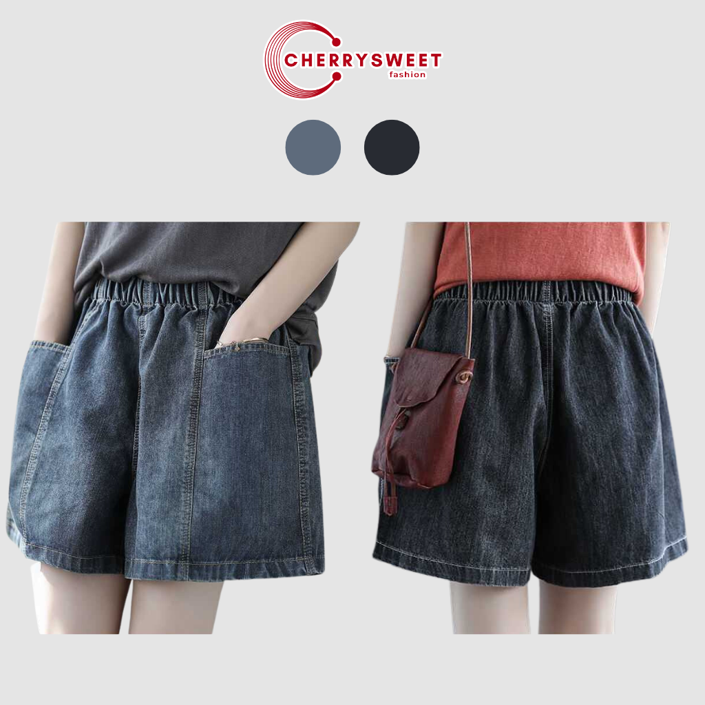 Quần short jean nữ cạp chun CHERRYSWEET kiểu đùi co dãn, túi rộng, chất bò mềm thời trang Hàn Quốc dễ phối đồ T044