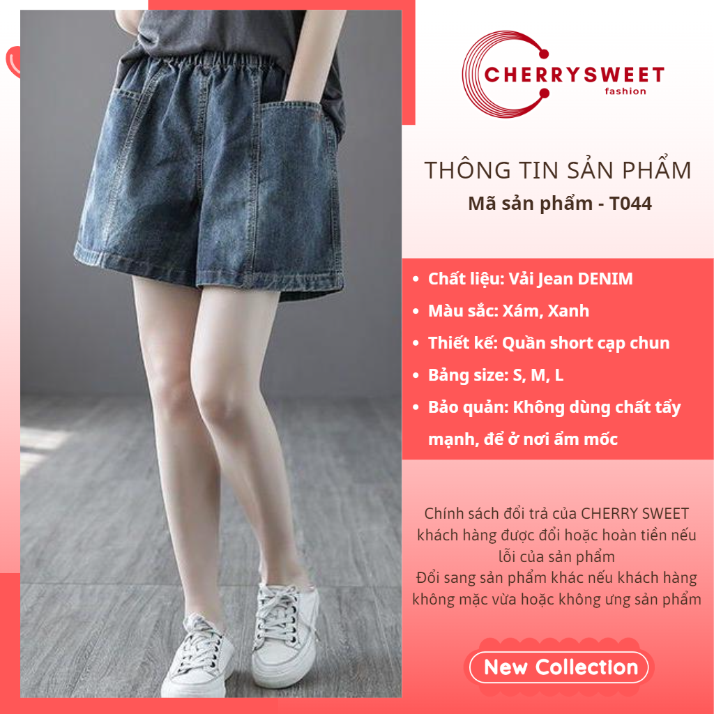 Quần short jean nữ cạp chun CHERRYSWEET kiểu đùi co dãn, túi rộng, chất bò mềm thời trang Hàn Quốc dễ phối đồ T044