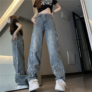 Quần jean nữ ống rộng mặc nhà hình ngôi sao, quần bò nữ ống suông thiết kế đặc biệt ulzzang hàn quốc