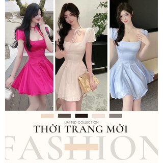 Đầm lụa cổ vuông tay phồng cánh tiên nơ cổ siêu xinh