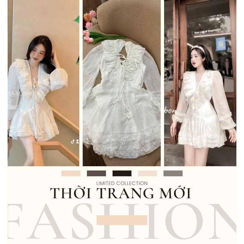 Đầm Tơ Nhăn Cổ V Đan Dây Dáng Xòe Tiểu Thư Kèm Ảnh Thật