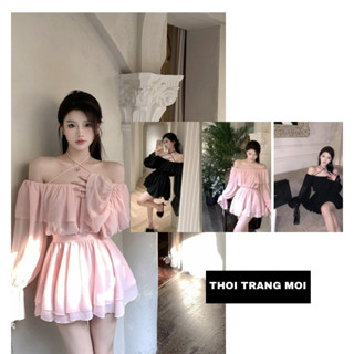 Set Nữ Thiết Kế , Bộ Áo Trễ Vai Bèo Phối Chân Váy Tầng Siêu Xinh TH101