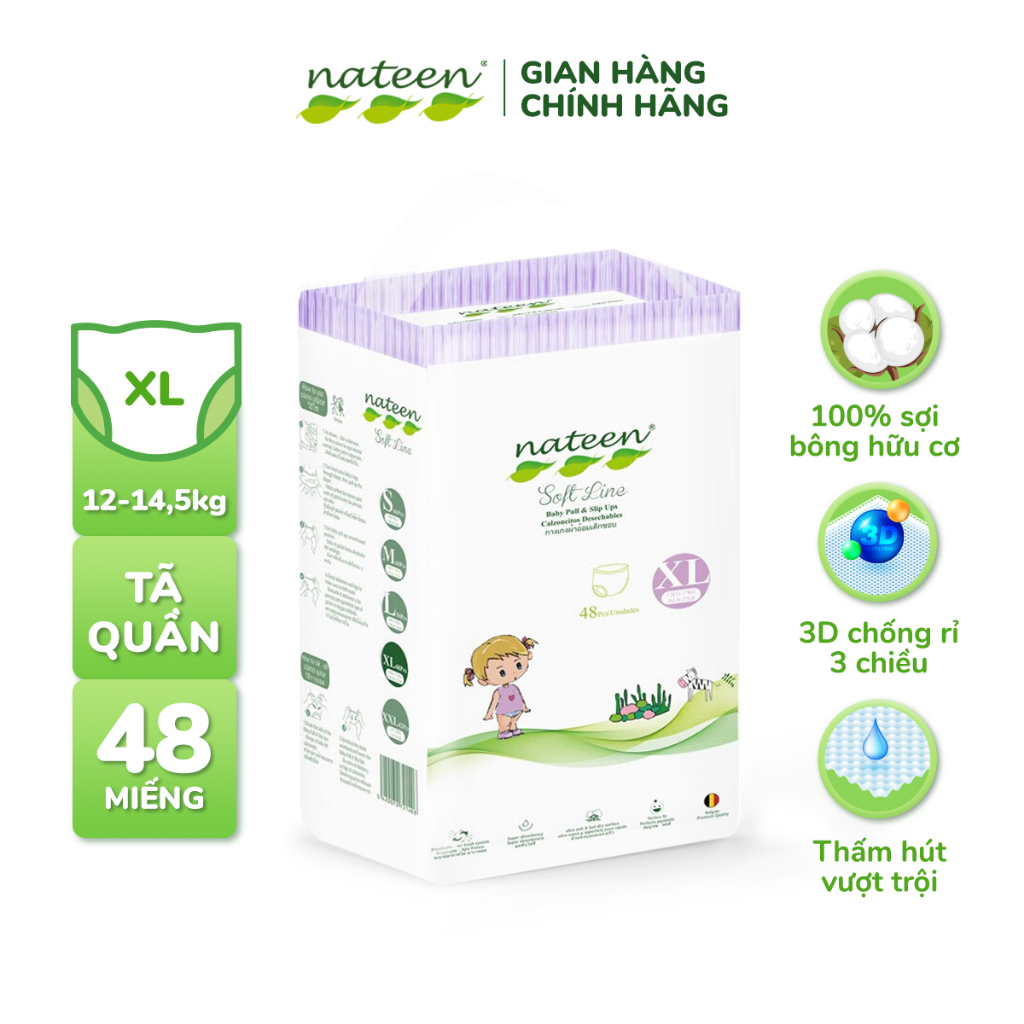 COMBO 4 bịch Bỉm Quần Nateen Châu Âu đủ Size M60/ L54/ XL48/ XXL42/XXXL36