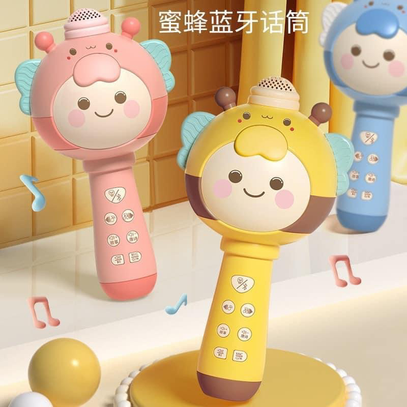 Micro con ong - Mic cho bé tập hát karaoke kết nối bluetooth,có nhạc, sạc pin ,loa hay không bị rè