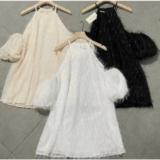 Đầm Babydoll Cổ Yếm Trễ Vai Tay Búp thời trang nữ đi chơi chất vải LÔNG VŨ,