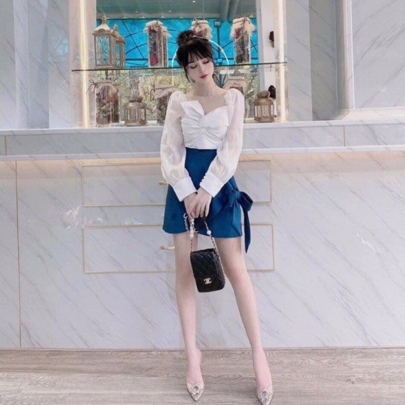 Sét áo cổ vuông đi chơi đi biển dự tiệc đám xoắn ngực tay voan kiếng kèm chân váy lụa satin cột nơ sang chảnh Vip 169