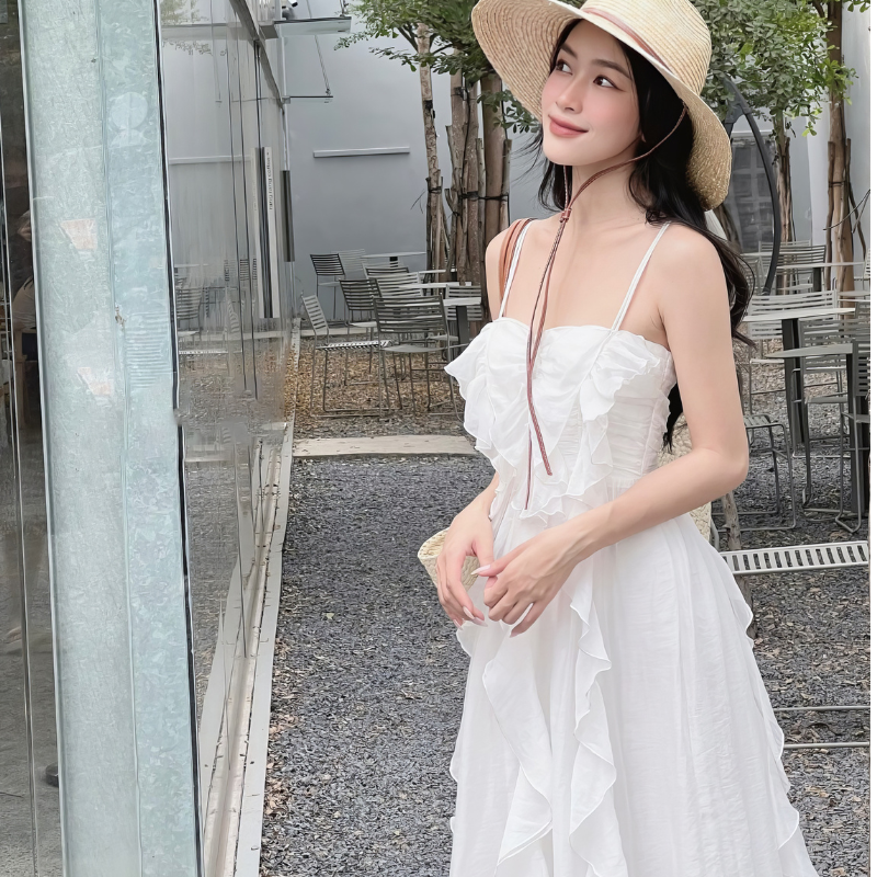 Váy Đầm Maxi 2 Dây Phối Bèo Thiết Kế Bồng Bềnh 2 Màu Trắng, Tím Phong Cách Vintage Hàn Quốc Đi Chơi, Đi Biển Cực Chill