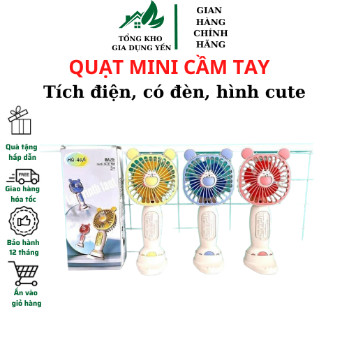 Freeship Quạt tích điện mini cầm tay hình thú sạc pin USB 3 cấp độ gió dung lượng pin 1200mAh