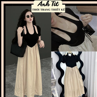 Váy zip khoét vai phối lụa dáng dài hai lớp, đầm xoè phối màu cổ yếm váy liền tiểu thư chất zip pha lụa đi biển đi chơi