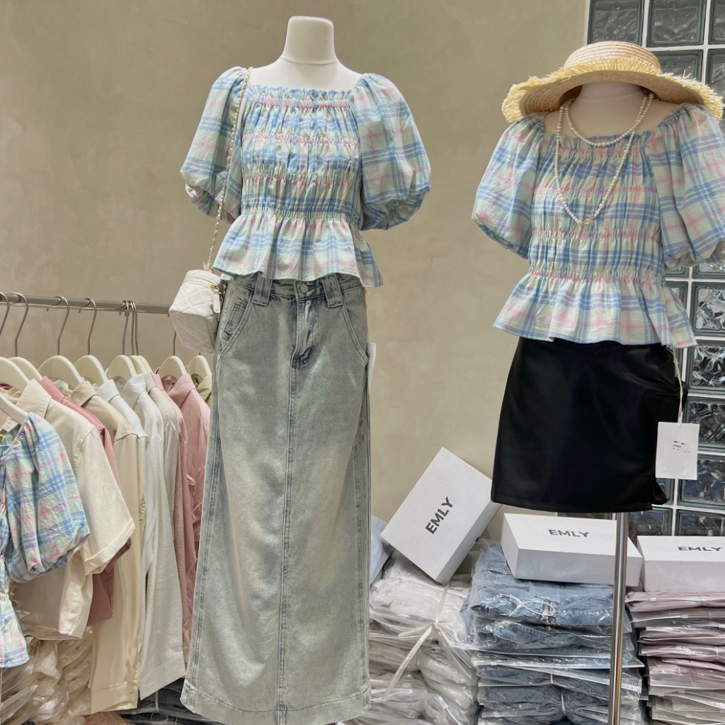 Áo kiểu nữ, áo kẻ cộc tay phồng nữ bo chun ngực, cổ vuông dáng ngắn xòe thời trang hot trend NGOCDIEP BOUTIQUE