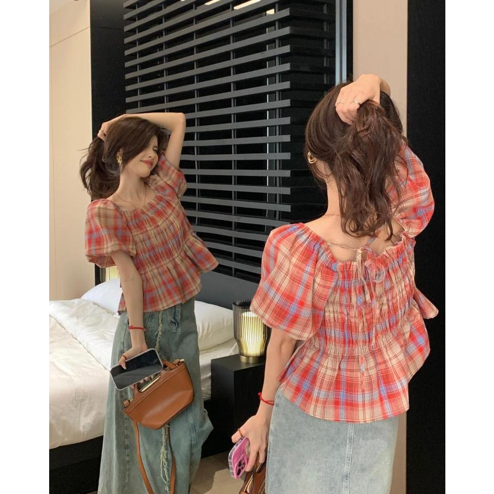 Áo kiểu nữ, áo kẻ cộc tay phồng nữ bo chun ngực, cổ vuông dáng ngắn xòe thời trang hot trend NGOCDIEP BOUTIQUE