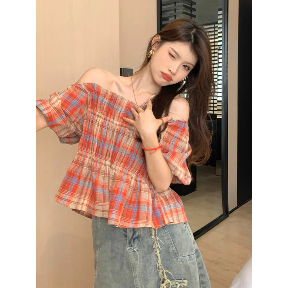 Áo kiểu nữ, áo kẻ cộc tay phồng nữ bo chun ngực, cổ vuông dáng ngắn xòe thời trang hot trend NGOCDIEP BOUTIQUE