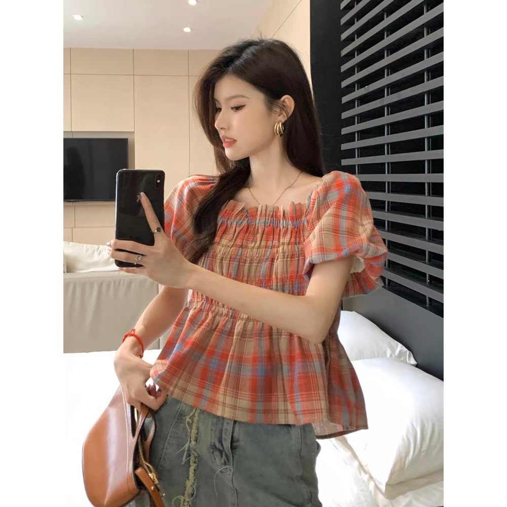 Áo kiểu nữ, áo kẻ cộc tay phồng nữ bo chun ngực, cổ vuông dáng ngắn xòe thời trang hot trend NGOCDIEP BOUTIQUE