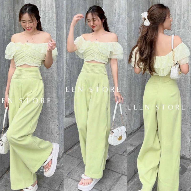 Set áo bẹt vai croptop voan bèo nhún lưng kèm quần suông lưng kiểu dập li dây kéo lưng freesize Tavi