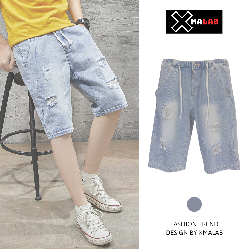 Quần short bò nam XMALAB dáng lửng rách, cạp chun có dây co giãn thoải mái chất jean cao cấp thời trang Hàn Quốc B017