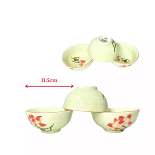 Bát đĩa men vàng hoa văn sen hồng Bát Tràng