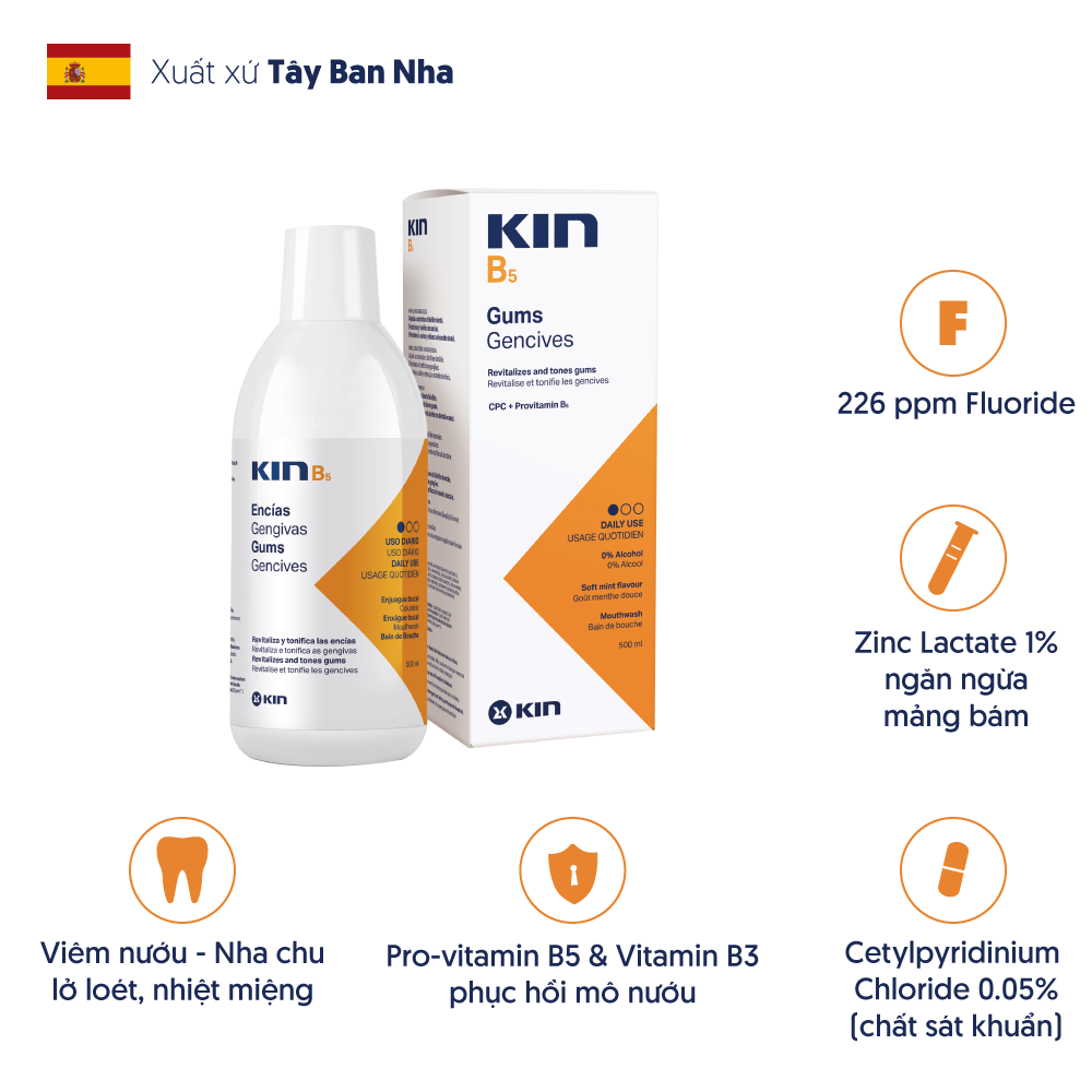 NƯỚC SÚC MIỆNG KIN B5 LÀM SẠCH MẢNG BÁM VÀ PHỤC HỒI NƯỚU RĂNG 500ML